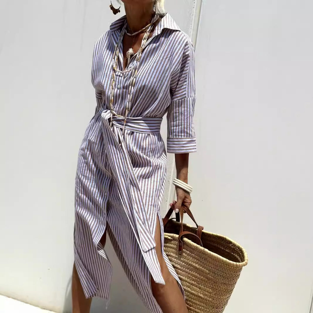 Wanette | Striped Two-side Slit Shirt Dress