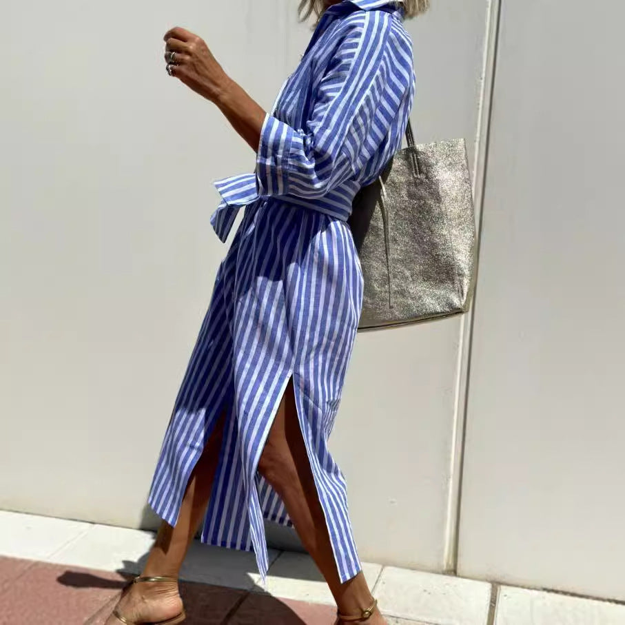 Wanette | Striped Two-side Slit Shirt Dress